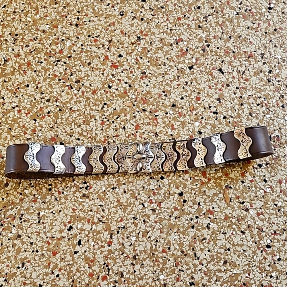 Gorgeous BRC brown leather clip belt studded silver decorative metal pieces S